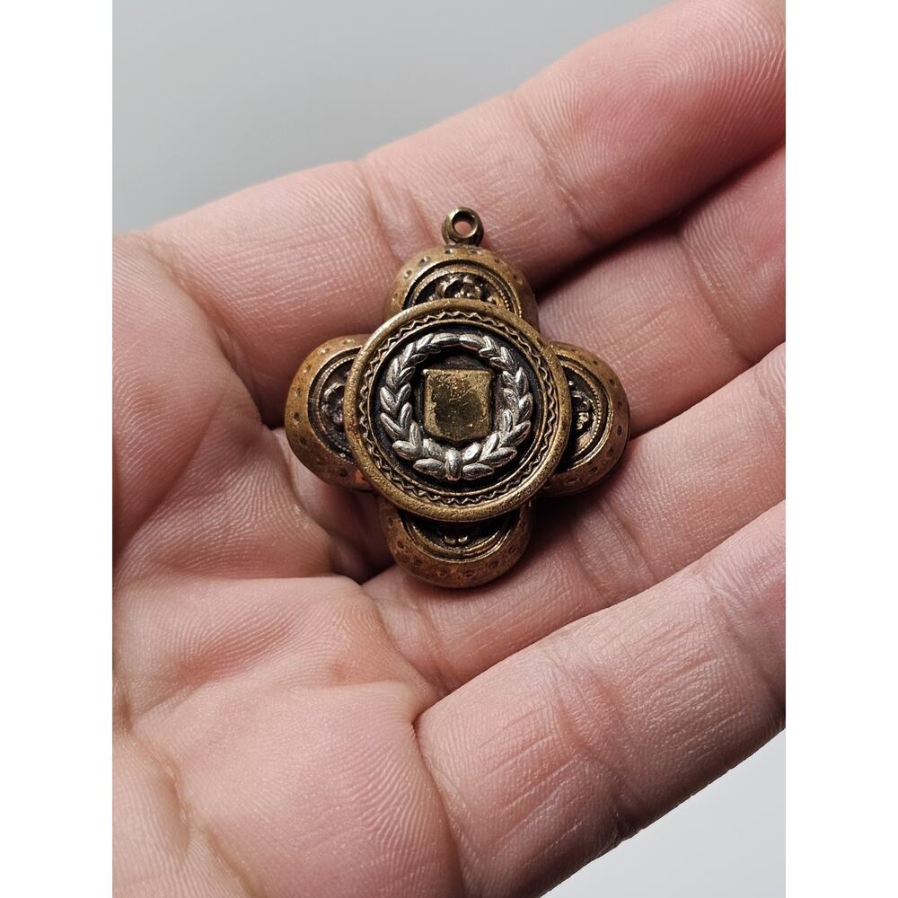 Antique Art Deco Bronze Shield Emblem Pendant *Missing Jump Ring*